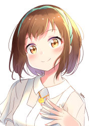 Rule 34 | 1girl, bang dream!, blush, breasts, brown eyes, brown hair, brown nails, closed mouth, collared shirt, commentary, fingernails, green hairband, hairband, hand up, hazawa tsugumi, head tilt, looking at viewer, nail polish, shirt, short sleeves, signature, simple background, small breasts, smile, solo, sylphine, symbol-only commentary, upper body, white background, white shirt