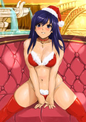Rule 34 | 1girl, arm support, bikini, blue eyes, blue hair, blush, breasts, christmas, cleavage, collar, couch, cross, dream c club, dream c club (series), fountain, grin, halterneck, hat, highres, jewelry, large breasts, long hair, matching hair/eyes, navel, necklace, red bikini, red thighhighs, reika (dream c club), santa costume, santa hat, shiny skin, shu-z, smile, solo, stairs, swimsuit, thighhighs, water