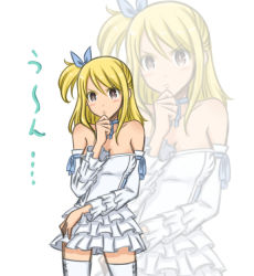 Rule 34 | 1girl, bare shoulders, blonde hair, blush, bow, breasts, brown eyes, choker, cleavage, detached sleeves, dress, fairy tail, frills, hair bow, lucy heartfilia, mizunashi sora, one side up, side ponytail, solo, strapless, thighhighs, thinking, zettai ryouiki, zoom layer