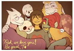 Rule 34 | 3boys, 3girls, ;), aged up, alphys, alternate costume, androgynous, asgore dreemurr, beard, blonde hair, blush, brown hair, colored sclera, cursive, english text, everyone, facial hair, fins, frisk (undertale), furry, furry female, furry male, glasses, good end, grin, group hug, group picture, half-closed eyes, hawaiian shirt, head fins, heart pattern, horns, hug, kiss, makeup, monster boy, monster girl, multiple boys, multiple girls, nervous sweating, one eye closed, palidoozy-art, papyrus (undertale), photo (object), red eyes, red hair, sans, scarf, shirt, skeleton, smile, spoilers, sweat, sweater, toriel, undertale, undyne, yellow eyes, yellow sclera