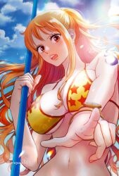 Rule 34 | 1girl, bikini, bikini top only, breasts, clima-tact, curvy, female focus, highres, large breasts, long hair, looking at viewer, nami (one piece), navel, one piece, orange hair, oregano551, pointing, punk hazard, solo, swimsuit, tattoo