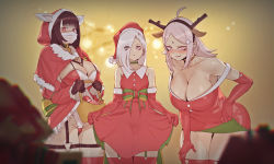 Rule 34 | 3girls, :o, absurdres, animal ear headwear, bent over, blush, breasts, capelet, christmas, cleavage, clothes lift, clothes pull, collarbone, cowlick, dress, dress lift, dress pull, embarrassed, facial mark, fake animal ears, fake antlers, forehead mark, fur trim, hair over one eye, hat, highres, huge breasts, ingan-i neomu gangham, jin rou, large breasts, leotard, leotard under clothes, looking at viewer, mask, medium breasts, mole, mole on breast, mole on thigh, mouth mask, multiple girls, parted hair, pink eyes, pink hair, purple eyes, red dress, santa dress, santa hat, thigh strap, thighhighs, white hair, wide hips