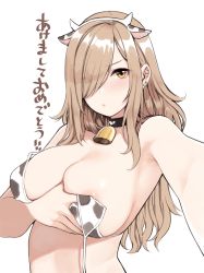 Rule 34 | 1girl, animal ears, animal print, areola slip, armpits, bell, blush, breasts, brown hair, choker, cleavage, commentary request, cow ears, cow horns, cow print, earrings, eyes visible through hair, fake animal ears, hair over one eye, highres, horns, jewelry, long hair, looking at viewer, neck bell, original, simple background, solo, sunaba suzume, white background, yellow eyes
