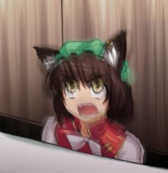 Rule 34 | 1girl, angry, animal ears, blurry, bow, bowtie, cat ears, chen, green hat, hat, hater (hatater), indoors, looking up, meme, mob cap, motion blur, photo-referenced, red vest, shelf, shirt, solo, touhou, v-shaped eyebrows, vest, white bow, white bowtie, white shirt
