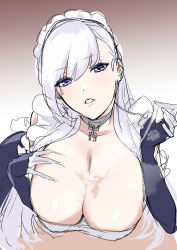 Rule 34 | 1girl, absurdres, after paizuri, apron, azur lane, belfast (azur lane), blue eyes, blush, breasts, chain, cleavage, collar, collarbone, cum, cum string, gloves, highres, large breasts, long hair, looking at viewer, maid headdress, mogi yasunobu, parted lips, silver hair, solo