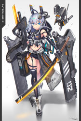 Rule 34 | 1girl, ammunition, ammunition belt, ammunition chute, belt, blue eyes, breasts, crop top, elbow gloves, flaming sword, flaming weapon, gia, gloves, grey hair, hair between eyes, headgear, highres, holding, holding sword, holding weapon, hood, hood down, looking at viewer, midriff, navel, original, robot, short hair, shorts, simple background, single thighhigh, small breasts, solo, suppressor, sword, thighhighs, weapon