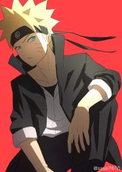 Rule 34 | 1boy, bandana, black suit, blonde hair, blue eyes, closed mouth, commentary, facial mark, highres, looking at viewer, male focus, naruto, naruto (series), red background, short sleeves, simple background, spiked hair, sssiii7610, suit, uzumaki naruto