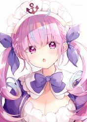 Rule 34 | 1girl, blue hair, blush, bow, braid, breasts, chestnut mouth, cleavage, cleavage cutout, clothing cutout, colored inner hair, commentary request, dress, fukunoki tokuwa, gradient hair, hair between eyes, hair ribbon, head tilt, highres, hololive, long hair, looking at viewer, medium breasts, minato aqua, minato aqua (1st costume), multicolored hair, parted lips, pink hair, puffy short sleeves, puffy sleeves, purple bow, purple dress, purple eyes, purple ribbon, ribbon, ringlets, short sleeves, simple background, solo, streaked hair, twintails, twitter username, upper body, virtual youtuber, white background