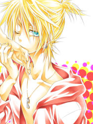 Rule 34 | 1boy, blonde hair, earrings, green eyes, hood, jacket, jewelry, kagamine len, male focus, necklace, open clothes, ponytail, shippou (pattern), short hair, vocaloid, wink