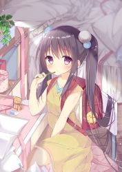 Rule 34 | absurdres, backpack, bag, bare arms, between legs, blush, breasts, brown hair, chair, child, closed mouth, desk, dress, hair bobbles, hair ornament, hand between legs, highres, homework, indoors, long hair, pencil, purple eyes, randoseru, shirosei mochi, sitting, small breasts, striped clothes, striped dress, twintails, very long hair, yellow dress