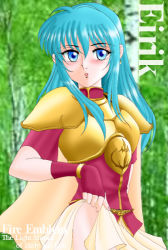 Rule 34 | 1girl, armor, blue eyes, blue hair, cape, character name, clothes lift, copyright name, eirika (fire emblem), fire emblem, fire emblem: the sacred stones, gloves, gold armor, hissaa (starlight express), lifting own clothes, long hair, matching hair/eyes, nintendo, princess, skirt, skirt lift, solo