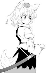 Rule 34 | 1girl, animal ears, bad id, bad pixiv id, bare shoulders, detached sleeves, female focus, fuantei, greyscale, hat, inubashiri momiji, looking back, monochrome, serious, short hair, simple background, skirt, solo, tail, tokin hat, touhou, white hair, wolf ears, wolf tail