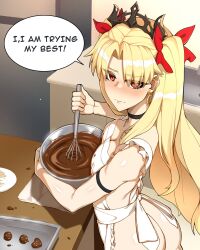 Rule 34 | 1girl, apron, armband, ass, back, black choker, blonde hair, blush, bowl, breasts, candy, chocolate, chocolate heart, choker, cleavage, crown, earrings, english text, ereshkigal (fate), fate/grand order, fate (series), food, heart, highres, holding, holding bowl, holding whisk, hyperbudd, jewelry, long hair, looking at viewer, looking to the side, medium breasts, naked apron, red eyes, solo, tearing up, two side up, whisk