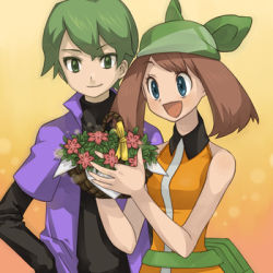 Rule 34 | 1boy, 1girl, alternate costume, bag, bandana, bare arms, bare shoulders, basket, black shirt, blue eyes, blush, bouquet, brown hair, closed mouth, collared dress, couple, creatures (company), dress, drew (pokemon), fanny pack, flower, game freak, gradient background, green bag, green bandanna, green eyes, green hair, hand in pocket, hands up, happy, hetero, jacket, looking at object, lowres, may (pokemon), may (pokemon emerald), neck, nintendo, open mouth, orange background, pokemon, pokemon (anime), pokemon dppt (anime), pokemon rse, pokemon rse (anime), sasairebun, shirt, short hair, sleeveless, sleeveless dress, sleeveless shirt, smile