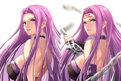 Rule 34 | 1girl, absurdres, back, bare shoulders, black dress, breasts, chain, choker, collar, detached sleeves, dress, facial mark, fate/stay night, fate (series), forehead, forehead mark, highres, large breasts, long hair, looking at viewer, looking back, medusa (fate), medusa (rider) (fate), multiple views, nameless dagger (fate), parted bangs, purple eyes, purple hair, sidelocks, takehana note, very long hair