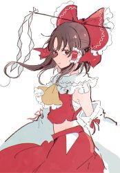 Rule 34 | 1girl, ascot, bandages, bare shoulders, blouse, bow, brown ascot, brown eyes, brown hair, closed mouth, collared shirt, commentary request, detached sleeves, frills, from side, gohei, hair ornament, hair tubes, hakurei reimu, highres, long sleeves, looking at viewer, mozukuzu (manukedori), ponytail, red bow, red shirt, red skirt, sarashi, shirt, short hair, simple background, skirt, smile, solo, touhou, white background, wide sleeves