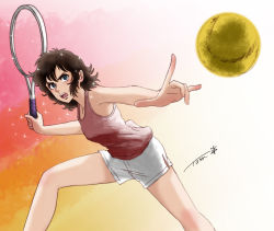 Rule 34 | 1girl, :o, ace wo nerae!, ball, breasts, brown hair, chutohampa, feet out of frame, oka hiromi, open mouth, racket, retro artstyle, shorts, sidelocks, signature, small breasts, solo, sportswear, tank top, tennis, tennis ball, tennis racket, white shorts