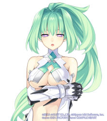 Rule 34 | 10s, 1girl, bare shoulders, breasts, choujigen game neptune, cleavage, face, female focus, gauntlets, green hair, green heart (neptunia), large breasts, long hair, midriff, navel, neptune (series), official art, open mouth, ponytail, purple eyes, revealing clothes, solo, tsunako, underboob, vert (neptunia)