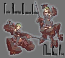 Rule 34 | 1girl, elbow gloves, english text, glasses, gloves, green hair, grey background, gun, headset, highres, holding, holding gun, holding weapon, mecha musume, methane hydrate, multiple views, necktie, original, rifle, short hair, simple background, skirt, solo, thighhighs, weapon, wheels