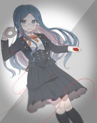 Rule 34 | 1girl, black jacket, black socks, blue hair, blurry, breasts, buttons, danganronpa (series), danganronpa v3: killing harmony, double-breasted, dutch angle, glasses, grey background, hands up, highres, holding, jacket, kneehighs, long hair, long sleeves, looking at viewer, medium breasts, mouth hold, neck ribbon, open clothes, open jacket, open mouth, orange ribbon, parted bangs, pleated skirt, raimone (nekokirinv3), red ribbon, ribbon, school uniform, shirogane tsumugi, shirt, skirt, smile, socks, solo, white background, white shirt
