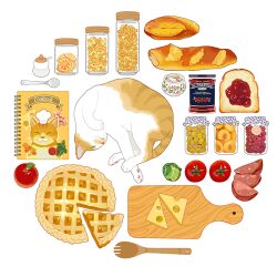 Rule 34 | animal focus, apple, apricot (fruit), baguette, book, bread, bread slice, brussels sprout, cat, cheese, circle formation, closed eyes, cookbook, dried fruit, food, food focus, fork, fruit, ham, jam, jar, lemon, lemon slice, lying, no humans, olive, orange (fruit), orange slice, original, pasta, pie, pie slice, simple background, slothm22, spoon, sugar bowl, sugar cube, toast, tomato, tray, white background, wooden fork, wooden tray