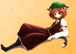 Rule 34 | 1girl, animal ears, bow, brown eyes, brown hair, cat ears, cat tail, chen, clses, frilled skirt, frills, hat, multiple tails, nekomata, pantyhose, shirt, short hair, skirt, tail, touhou, two tails, vest