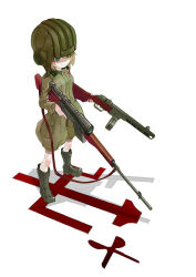 Rule 34 | 1girl, black footwear, black gloves, black headwear, blonde hair, blue eyes, boots, closed mouth, commentary, dragunov svd, drum magazine, dual wielding, emblem, girls und panzer, gloves, green jumpsuit, gun, helmet, holding, holding gun, holding weapon, jumpsuit, katyusha (girls und panzer), long sleeves, looking to the side, magazine (weapon), military, military uniform, ppsh-41, pravda (emblem), pravda military uniform, rifle, scope, shadow, short hair, short jumpsuit, smile, sniper rifle, solo, standing, submachine gun, tank helmet, uniform, weapon, yurikuta tsukumi