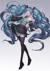 Rule 34 | 1girl, absurdres, aqua eyes, aqua hair, armpits, bare shoulders, blue eyes, detached sleeves, facing viewer, floating hair, green hair, hatsune miku, highres, lm7 (op-center), long hair, looking at viewer, necktie, outstretched hand, skirt, sleeveless, solo, standing, thighhighs, twintails, very long hair, vocaloid, wide sleeves