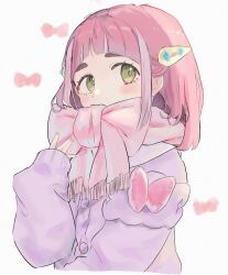 Rule 34 | 1girl, arched bangs, blush, bow, buttons, cardigan, commentary request, creatures (company), eyelashes, game freak, green eyes, green pupils, hair ornament, hairclip, hand up, highres, lacey (pokemon), long sleeves, looking to the side, mcmcusg, nintendo, pink hair, pink scarf, pokemon, pokemon sv, purple cardigan, scarf, scarf bow, scarf over mouth, sidelocks, sleeves past wrists, solo, upper body, white background