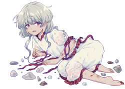 Rule 34 | 1girl, abuse, blood, bruise, commentary request, curly hair, ebisu eika, grey hair, hair between eyes, injury, long earlobes, long hair, looking at viewer, lying, on side, open mouth, partial commentary, red eyes, ringed eyes, rock, ryona, sidelocks, simple background, tearing up, tears, touhou, uranaishi (miraura), white background