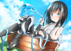 Rule 34 | 1girl, abyssal ship, arm warmers, asashio (kancolle), black footwear, black hair, black thighhighs, blue eyes, blue sky, cloud, collared shirt, comah, enemy naval mine (kancolle), holding, holding hose, hose, kantai collection, loafers, long hair, outdoors, shirt, shoes, short sleeves, skirt, sky, suspender skirt, suspenders, tentacles, thighhighs, wet, wet clothes, wet shirt, white shirt