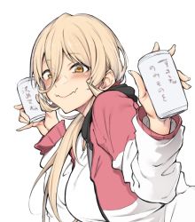 Rule 34 | 1girl, beer can, blonde hair, blush, breasts, can, drink can, fang, holding, holding can, jacket, large breasts, long hair, looking at viewer, nijisanji, nui sociere, nui sociere (2nd costume), shirt, simple background, skin fang, smile, solo, spirytus tarou, track jacket, upper body, virtual youtuber, white background, white shirt, yellow eyes