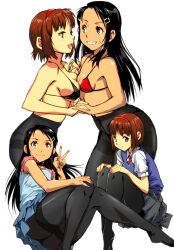 Rule 34 | 2girls, ass, black hair, blush, bra, breast press, breasts, brown eyes, brown hair, choker, commentary, eye contact, hair ornament, hairband, hairclip, headband girl (kamisimo 90), interlocked fingers, kamisimo 90, long hair, looking at another, medium breasts, multiple girls, open mouth, original, panties, panties under pantyhose, pantyhose, shirt, short hair, small breasts, smile, sweatdrop, tanned girl (kamisimo 90), underwear, v, vest, white background, yuri