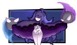 Rule 34 | 1girl, @ @, absurdres, ahoge, alternate color, arrow (projectile), artist name, body writing, breasts, clothes lift, creatures (company), dress, dress lift, english text, flashing, floating, game freak, gastly, gen 1 pokemon, ghost, headband, hex maniac (pokemon), highres, long hair, matching hair/eyes, medium breasts, navel, nintendo, no bra, no panties, npc trainer, octoplus, one eye closed, patreon, pokemon, pokemon (creature), pokemon xy, purple dress, purple eyes, purple hair, pussy, pussy juice, shiny pokemon, standing, text focus, uncensored, underboob, wink