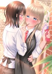Rule 34 | 2girls, apron, black apron, blonde hair, blue eyes, blunt bangs, blurry, blush, brick wall, brown hair, depth of field, dress shirt, eye contact, feeding, fingernails, flower, food, food in mouth, hand on another&#039;s back, highres, holding, holding food, holding pocky, lily (flower), lino (lilyparty07), long hair, looking at another, medium hair, mole, mole under mouth, multiple girls, nail polish, necktie, one-armed hug, original, pink nails, pocky, pocky day, purple eyes, red neckwear, shirt, white shirt, yuri