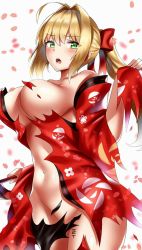 Rule 34 | 1girl, ahoge, bad id, bad pixiv id, bare shoulders, blonde hair, blush, body writing, breasts, fary5, fate/extra, fate (series), floral print, green eyes, hair between eyes, hair intakes, highres, japanese clothes, kimono, large breasts, long hair, looking at viewer, navel, nero claudius (fate), nero claudius (fate) (all), nero claudius (fate/extra), petals, ponytail, red kimono, simple background, solo, tally, torn clothes, torn kimono, white background