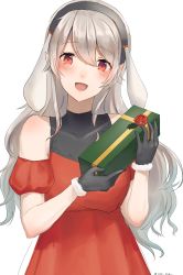 Rule 34 | 1girl, alternate costume, bad id, bad twitter id, black gloves, black hairband, box, corrin (female) (fire emblem), corrin (fire emblem), fire emblem, fire emblem fates, fur trim, gift, gift box, gloves, hairband, highres, long hair, niko (aiai03012), nintendo, open mouth, pointy ears, red eyes, simple background, solo, twitter username, upper body, white background, white hair