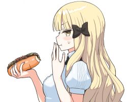 Rule 34 | 1girl, blonde hair, blush, bow, breasts, eating, hand to own mouth, long hair, medium breasts, missile (55missile), princess connect!, puffy sleeves, ribbon, saren (princess connect!), saren (real) (princess connect!), sweatdrop, yakisoba, yakisobapan, yellow eyes
