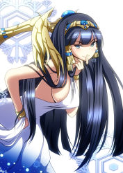 Rule 34 | 1girl, blue eyes, blue hair, breasts, doushimasho, egyptian, finger to mouth, hair ornament, isis (p&amp;d), large breasts, leaning forward, long hair, looking to the side, matching hair/eyes, puzzle &amp; dragons, robe, sideboob, simple background, solo, white background