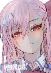 Rule 34 | 1girl, absurdres, blush, bow, braid, close-up, crying, crying with eyes open, english text, girls&#039; frontline, hair between eyes, hair bow, hair ornament, hair ribbon, hairclip, half-closed eyes, head tilt, hexagram, highres, jingo, long hair, looking at viewer, negev (girls&#039; frontline), one side up, parted lips, pink hair, portrait, red bow, red eyes, ribbon, solo, star of david, tears