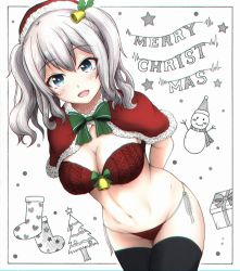 Rule 34 | 1girl, black thighhighs, blue eyes, bra, breasts, capelet, h2 (h20000000), hat, kantai collection, kashima (kancolle), large breasts, navel, panties, red bra, red capelet, red hat, red panties, santa hat, side-tie panties, sidelocks, silver hair, solo, thighhighs, twintails, underwear, wavy hair