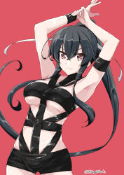 Rule 34 | 1girl, arms up, bondage outfit, breasts, hot limit, kantai collection, long hair, medium breasts, mikage takashi, ponytail, red background, red eyes, revealing clothes, sidelocks, simple background, smile, solo, t.m.revolution, twitter username, underboob, very long hair, wristband, yahagi (kancolle)