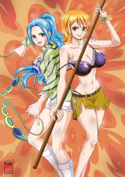 Rule 34 | 2girls, black bra, blue hair, bra, bracelet, breasts, dirty, female focus, highres, holding, holding polearm, holding weapon, jewelry, large breasts, multiple girls, nami (one piece), navel, nefertari vivi, one piece, orange eyes, orange hair, polearm, ponytail, purple eyes, rider (orange couture), shirt, skirt, striped clothes, striped shirt, torn clothes, underwear, weapon, yellow skirt