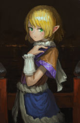 Rule 34 | 1girl, :/, arm up, arm warmers, black background, blonde hair, bridge, cowboy shot, crying, crying with eyes open, dress, fjsmu, green eyes, hand on own shoulder, highres, layered dress, mizuhashi parsee, pointy ears, scarf, short hair, short sleeves, solo, standing, tears, touhou, water, white scarf