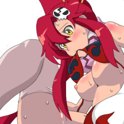 Rule 34 | 00s, 1girl, bikini, bikini top only, bra, bra lift, breasts, cl-55, large breasts, lingerie, lowres, mouth hold, nipples, nude, pink thighhighs, ponytail, red hair, scarf, solo, sweat, swimsuit, tengen toppa gurren lagann, thighhighs, underwear, yellow eyes, yoko littner