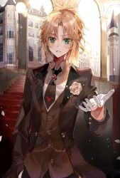 Rule 34 | 1girl, b rock, bad id, bad twitter id, black jacket, black necktie, blonde hair, blush, building, clock, collared shirt, commentary request, crossdressing, day, fate/apocrypha, fate (series), flower, formal, gem, gloves, green eyes, hair ornament, hair scrunchie, hand in pocket, highres, jacket, long hair, long sleeves, looking at viewer, messy hair, mordred (fate), mordred (fate/apocrypha), mordred (formal dress) (fate), necktie, open clothes, open jacket, parted bangs, parted lips, ponytail, reaching, reaching towards viewer, rose, scrunchie, shirt, solo, stairs, suit, tomboy, upper body, v-shaped eyebrows, white flower, white gloves, white rose, white shirt, wing collar