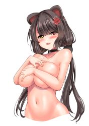 Rule 34 | 1girl, absurdres, animal ears, black hair, blush, breast hold, breasts, brown hair, choker, cleavage, collarbone, completely nude, covering breasts, covering privates, dog ears, dog girl, flower, hair between eyes, hair flower, hair ornament, hand on own chest, heterochromia, highres, inui toko, large breasts, long hair, looking at viewer, low twintails, miyuki rei, navel, nijisanji, nude, open mouth, red eyes, sidelocks, simple background, smile, solo, stomach, tail, twintails, upper body, very long hair, virtual youtuber, white background, yellow eyes