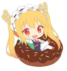 Rule 34 | 1girl, :d, blonde hair, blue dress, blush, brown footwear, chibi, commentary, doughnut, dragon horns, dress, elbow gloves, english commentary, food, gloves, hairband, hitsukuya, horns, in food, kobayashi-san chi no maidragon, looking at viewer, maid, maid headdress, necktie, open mouth, pantyhose, puffy short sleeves, puffy sleeves, red eyes, red necktie, round teeth, shoes, short sleeves, simple background, sitting, slit pupils, smile, solo, teeth, tohru (maidragon), twintails, white background, white gloves, white pantyhose, wing collar