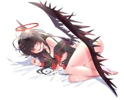 Rule 34 | 1girl, ass, black hair, black nails, black serafuku, black wings, blue archive, bottomless, breasts, commentary request, full body, halo, highres, large breasts, long hair, looking at viewer, low wings, lying, on bed, on side, pillow, red eyes, red halo, school uniform, serafuku, sharp teeth, shirt, single bare shoulder, smile, solo, teeth, torn clothes, torn shirt, tsurugi (blue archive), underboob, wing censor, wings, yuki nko