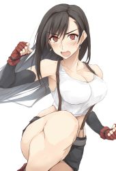 Rule 34 | 1girl, black hair, black skirt, breasts, cleavage, earrings, elbow gloves, feet out of frame, fighting stance, final fantasy, final fantasy vii, final fantasy vii remake, fingerless gloves, gloves, highres, jewelry, large breasts, long hair, low-tied long hair, midriff, open mouth, parted bangs, pencil skirt, red eyes, shirt, skirt, solo, suspender skirt, suspenders, tank top, taut clothes, taut shirt, tifa lockhart, white background, white tank top, zekkyon